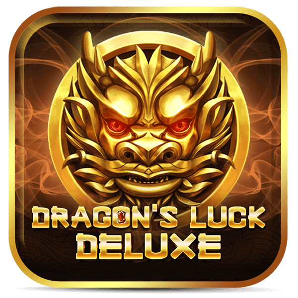 Logo do slot Dragon’s Luck Deluxe, rosto de dragão dourado com olhos brilhantes em emblema circular.