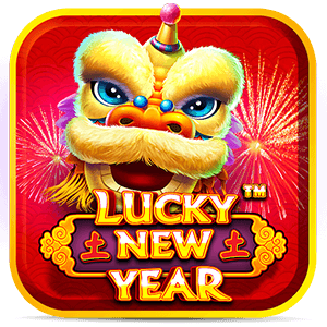 Logo do slot Lucky New Year, cabeça de leão chinês colorido com fogos de artifício ao fundo.