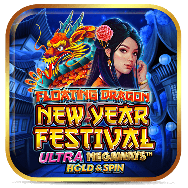Logo do slot Floating Dragon New Year Festival, com mulher oriental e dragão colorido em cenário festivo noturno.