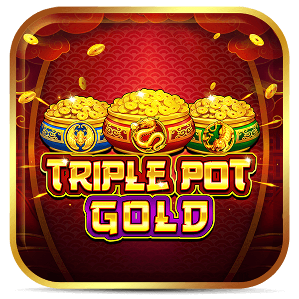 Logo do slot Triple Pot Gold, com três potes cheios de moedas douradas com símbolos chineses.