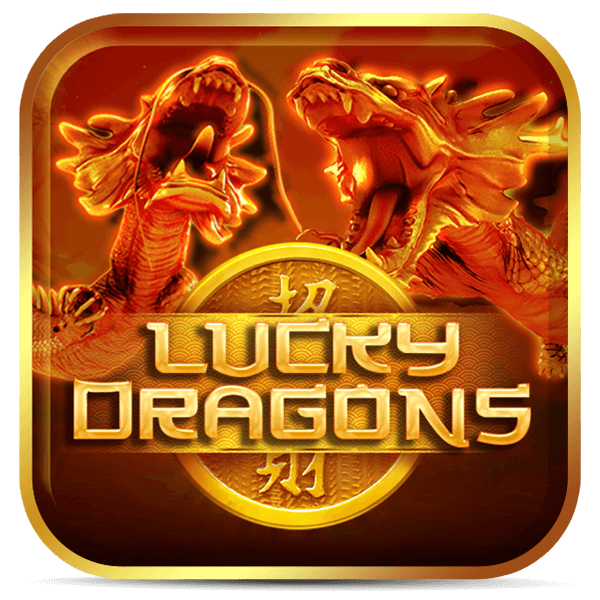 Logo do slot Lucky Dragons, com dois dragões dourados rugindo sobre moeda chinesa em fundo vermelho.