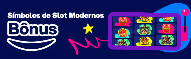 Imagem de uma máquina slot com símbolos modernos de bônus de vários slots diferentes em torno de todo o rolo da máquina.