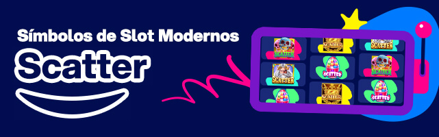 Imagem de uma máquina slot com símbolos modernos de scatter de vários slots diferentes em torno de todo o rolo da máquina.