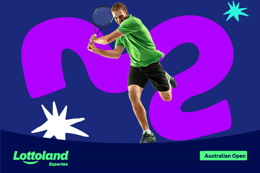 Homem tenista fazendo um slice sobre fundo azul e violeta. Lottoland Cassino ensina como fazer aposta no Australian Open.