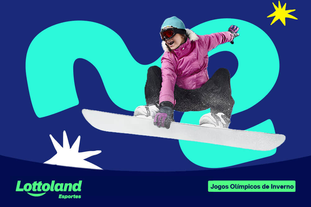 Mulher praticando snowboarding sob fundo azul. Lottoland Cassino ensina como fazer bets nos esportes de inverno das Olimpíadas de Inverno.