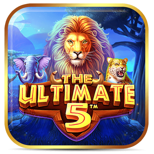Logo do slot The Ultimate 5, leão majestoso ao centro com elefante e leopardo, escudo dourado em cenário noturno azulado.