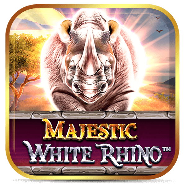 Logo do slot Majestic White Rhino, rinoceronte branco frontal com raios de luz dourada em savana africana ao pôr do sol.
