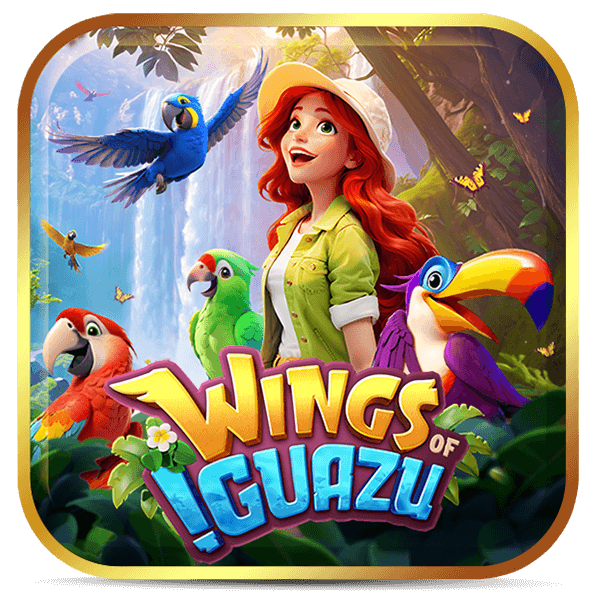 Logo do slot Wings of Iguazu, exploradora ruiva com araras, tucano e papagaios coloridos em cenário de cachoeira na floresta.