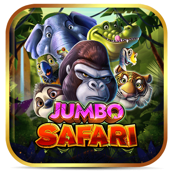 Logo do slot Jumbo Safari, gorila ao centro cercado por elefante, crocodilo, tigre e outros animais da selva em fundo tropical.