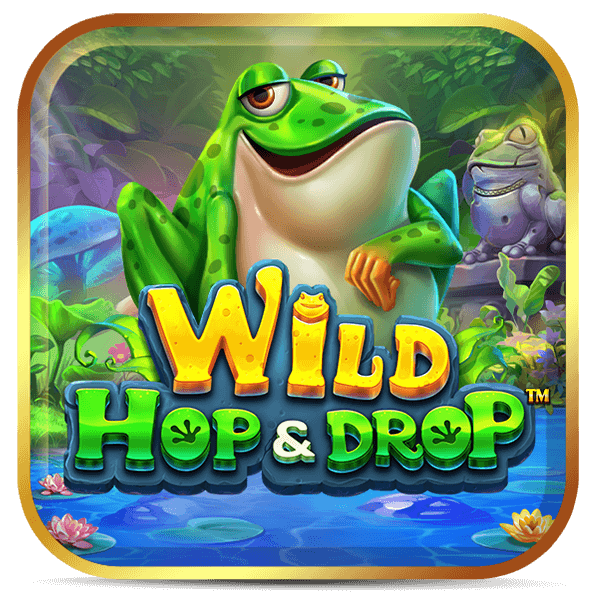 Logo do slot Wild Hop & Drop, sapo verde sorridente em lago com nenúfares e outros anfíbios em floresta tropical.