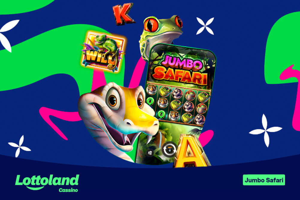 Tela do Jumbo Safari com serpente, sapo e símbolo Wild em evidência, print de tela de celular no jogo. Lottoland Cassino mostra como jogar Jumbo Safari.