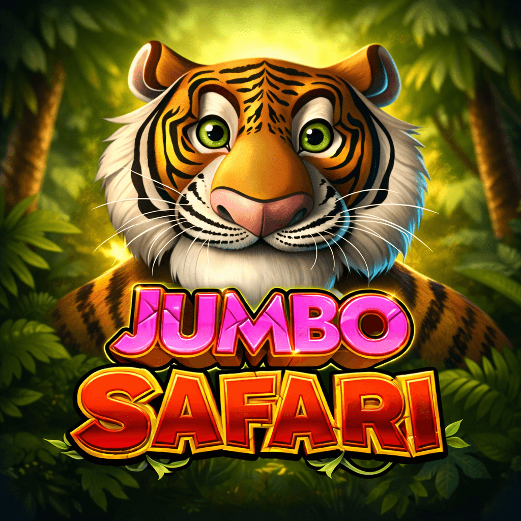 Tigre laranja com listras pretas e olhos verdes no símbolo do jogo Jumbo Safari em cenário de selva.