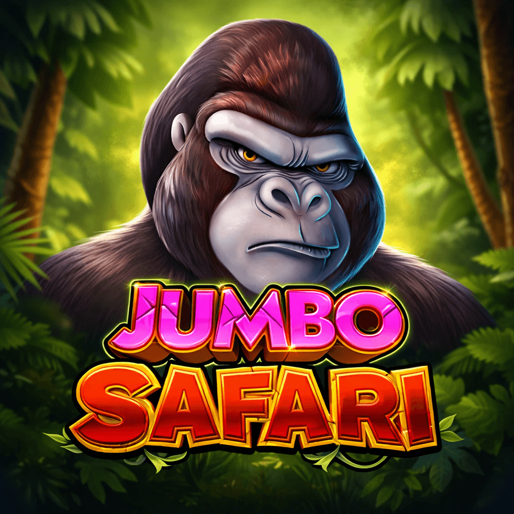 Gorila de pelagem marrom com expressão séria no símbolo do jogo Jumbo Safari em ambiente de floresta.