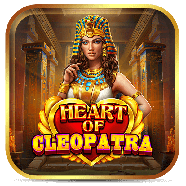 Logo Heart of Cleopatra com Cleópatra em trajes dourados e coroa egípcia em templo antigo com coração dourado em destaque.