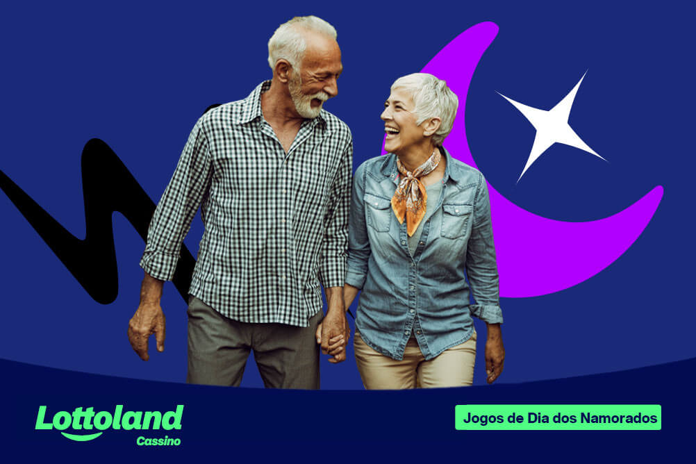 Casal sênior sorridente, de mãos dadas, olhando um para o outro sobre um fundo azul. Lottoland Cassino apresenta Jogos de Dia dos Namorados.