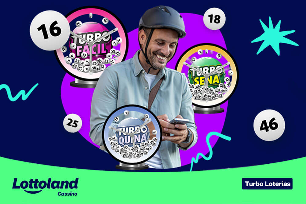 Homem sorridente usando celular com globos Turbo Fácil, Turbo Sena e Turbo Quina. Lottoland Cassino ensina como funcionam as Turbo Loterias.