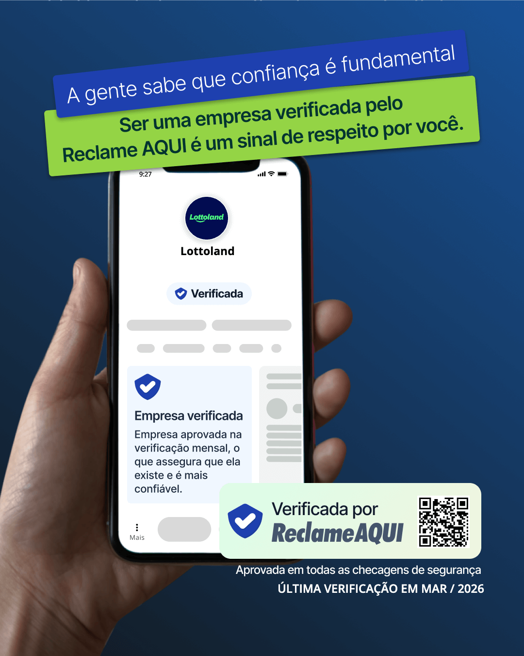 Celular mostrando Reclame Aqui Lottoland como empresa verificada e confiável com selo de aprovação azul.