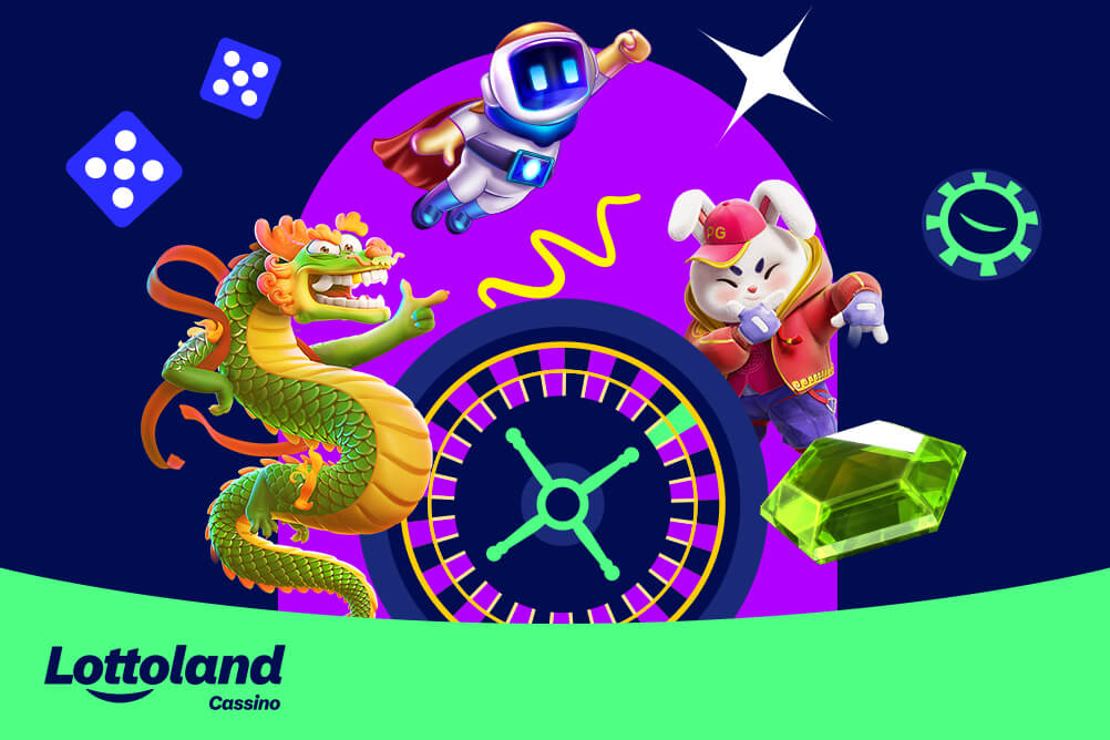 Imagem com personagens de jogos de slot, roleta roxa, dragão, coelho e robô. Lottoland Cassino explica por que é uma plataforma de apostas confiável.