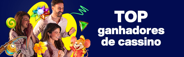 Top ganhadores de cassino com três pessoas comemorando e personagens de jogos coloridos ao fundo.