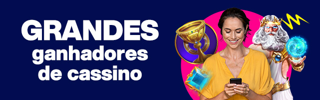 Grandes ganhadores de cassino com mulher sorridente usando celular e símbolos de slots ao fundo.