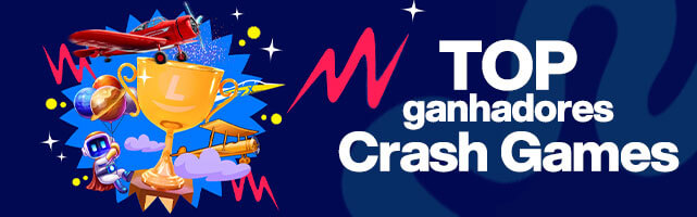 Top ganhadores Crash Games com troféu dourado, avião vermelho e elementos de jogo sobre fundo azul