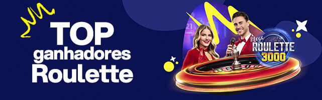 Top ganhadores de Roulette com dois apresentadores de roleta com o Mega Roulette 3000 sobre fundo azul-marinho.