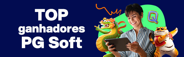 Top ganhadores PG Soft com mulher usando tablet e personagens Fortune Games como dragão dourado.
