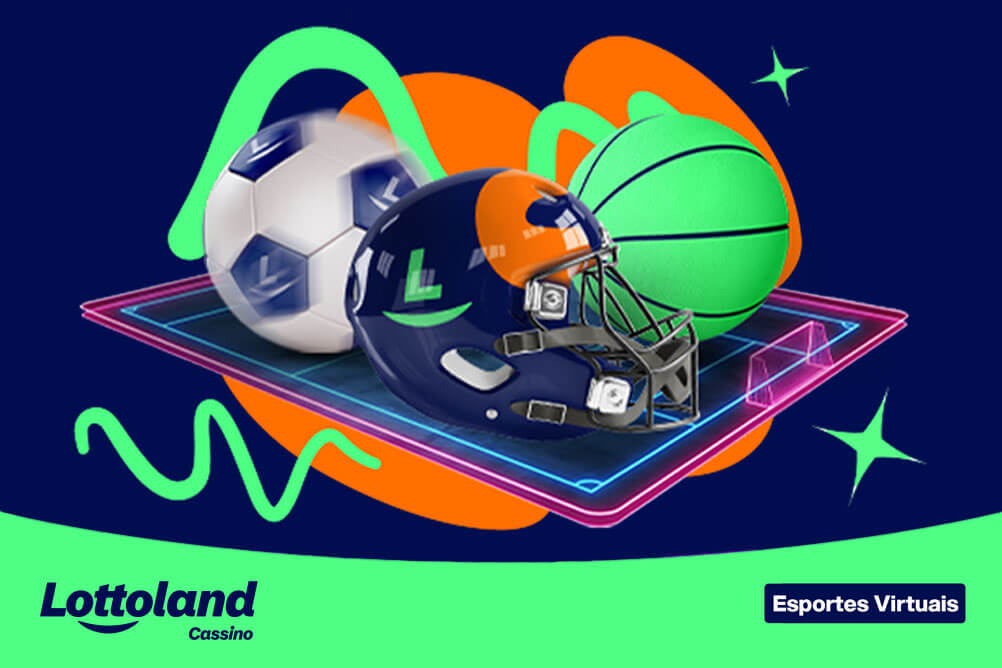 Bola de futebol, basquete e capacete sobre campo digital representando esportes virtuais. Lottoland Cassino oferece um guia sobre como apostar em esportes virtuais.