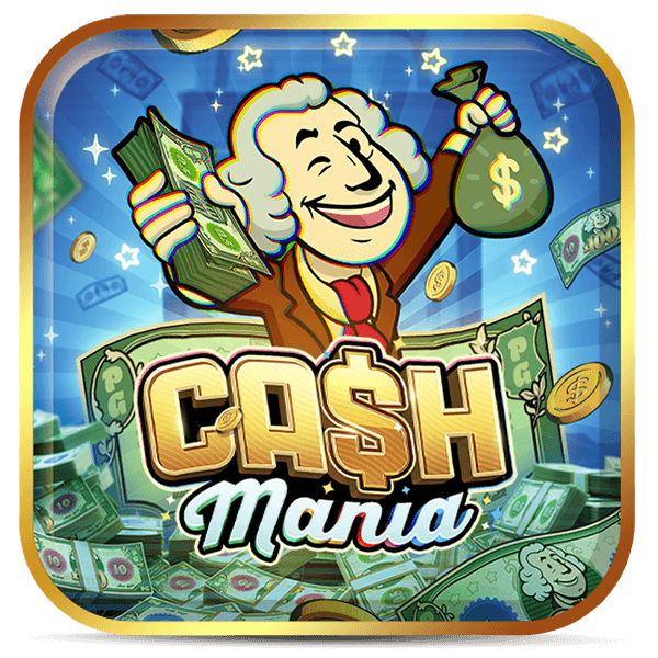 Logo Cash Mania com personagem rico segurando dinheiro e saco de moedas sobre fundo azul com notas voando.