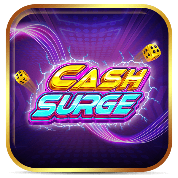 Logo do jogo Cash Surge com letras douradas e azuis em fundo roxo com raios elétricos e dados amarelos voando.