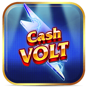Logo do jogo Cash Volt com letras vermelhas e amarelas em fundo azul com raio branco brilhante ao centro.