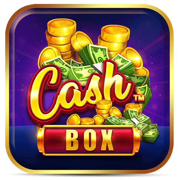 Logo do jogo Cash Box com letras douradas, moedas empilhadas e notas de dólar em fundo roxo vibrante.