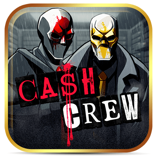 Logo do jogo Cash Crew com letras vermelhas e brancas e duas figuras com máscaras de caveira em fundo cinza escuro.