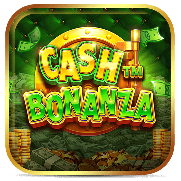 Logo do jogo Cash Bonanza com letras verdes e amarelas, moedas douradas e notas de dólar em fundo verde..