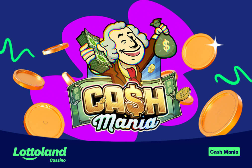 Logo Cash Mania com personagem animado segurando notas de dólar e saco de dinheiro, rodeado por moedas douradas em fundo roxo.