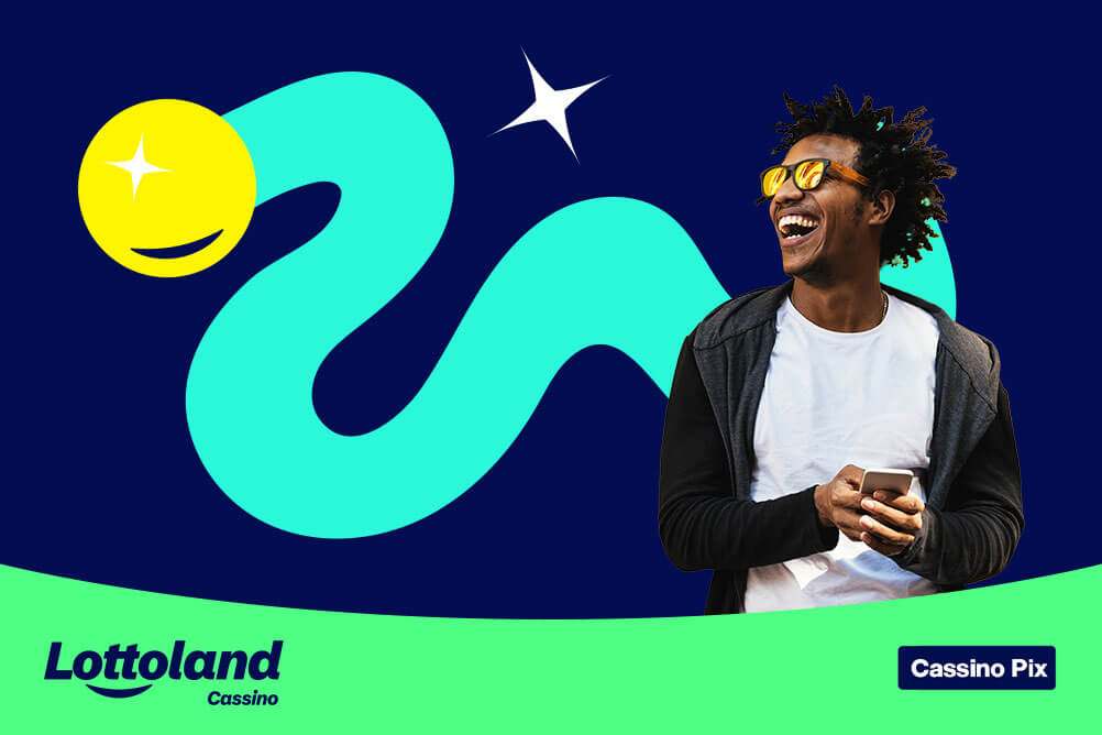 Homem sorridente com celular e óculos amarelos sobre fundo azul. Lottoland Cassino dá guia completo sobre pagamento Pix cassino online.
