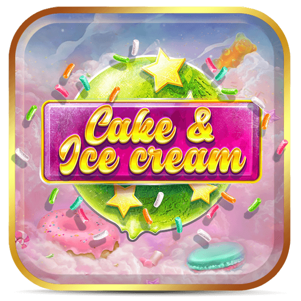 Logo Cake and Ice Cream com texto dourado sobre fundo rosa com donuts, macarons e confeitos coloridos.