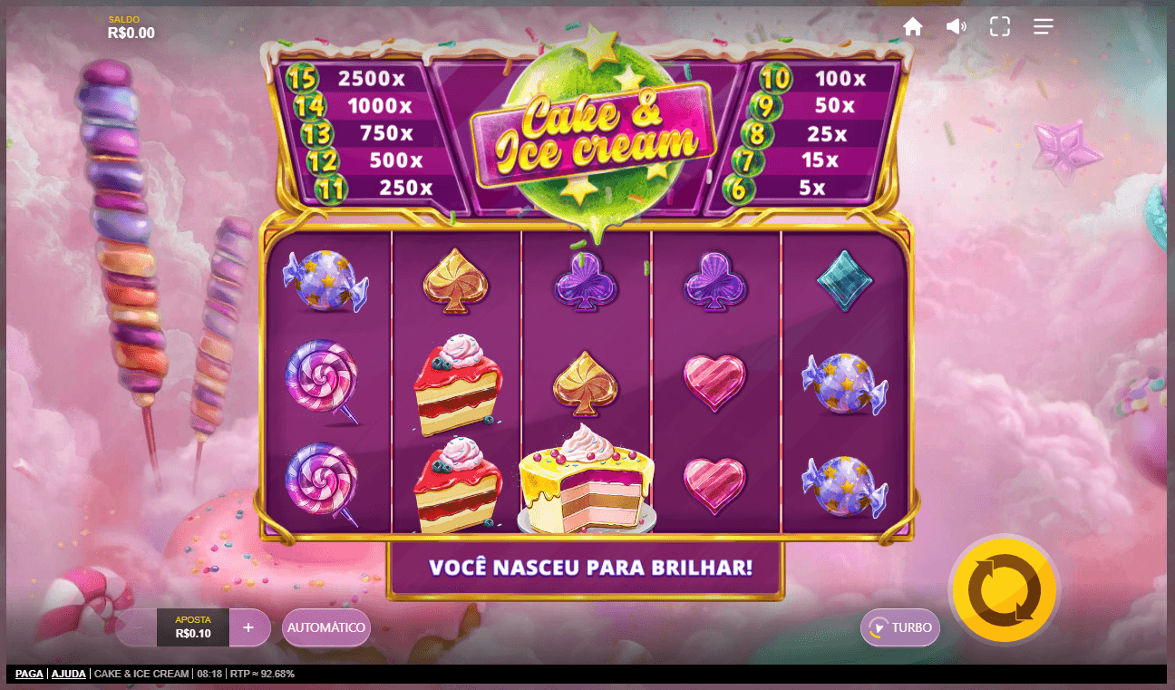 Tela do slot Cake and Ice Cream com grade roxa, símbolos de doces coloridos e tabela de multiplicadores.