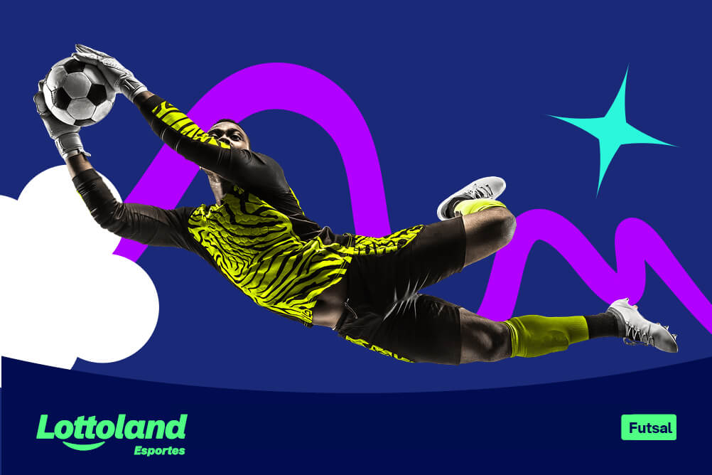 Goleiro de futsal em uniforme amarelo e preto fazendo defesa espetacular sobre fundo azul com formas roxas. Como apostar em Futsal com a Lottoland Cassino.