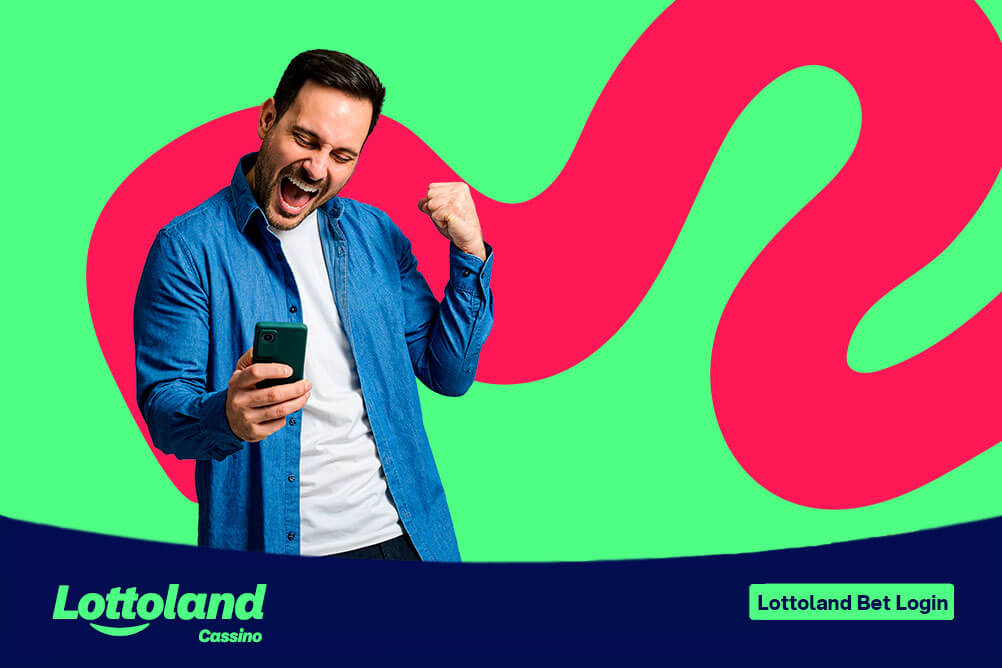 Homem comemorando com celular comemorando o sucesso do seu login Lottoland Cassino sobre fundo verde e rosa.