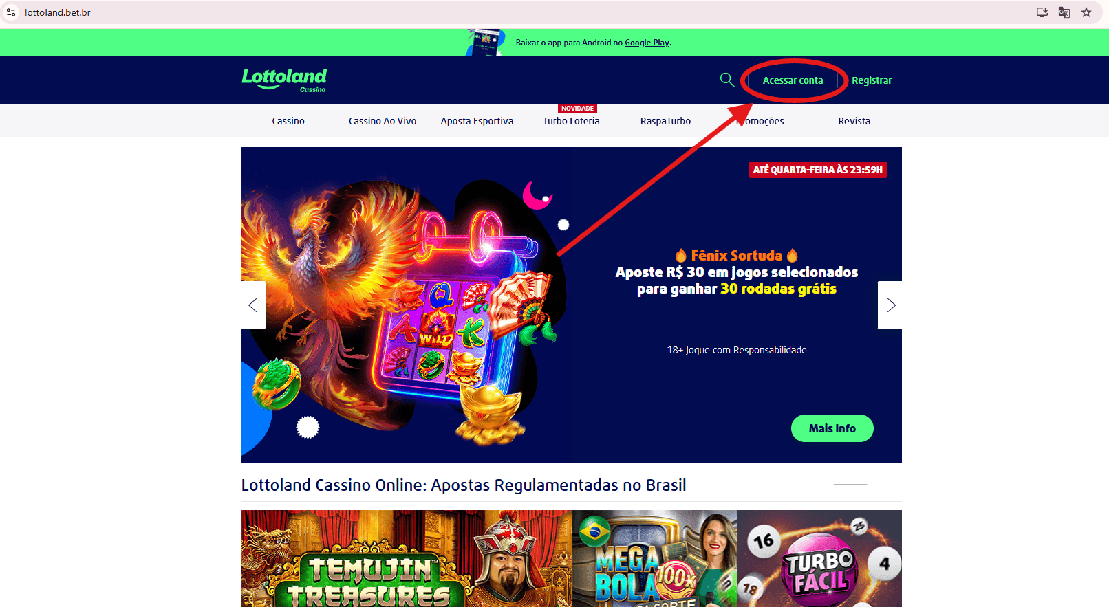 Print de tela da página inicial do Cassino Lottoland para desktop, com a seção de acesso à conta destacada em vermelho.