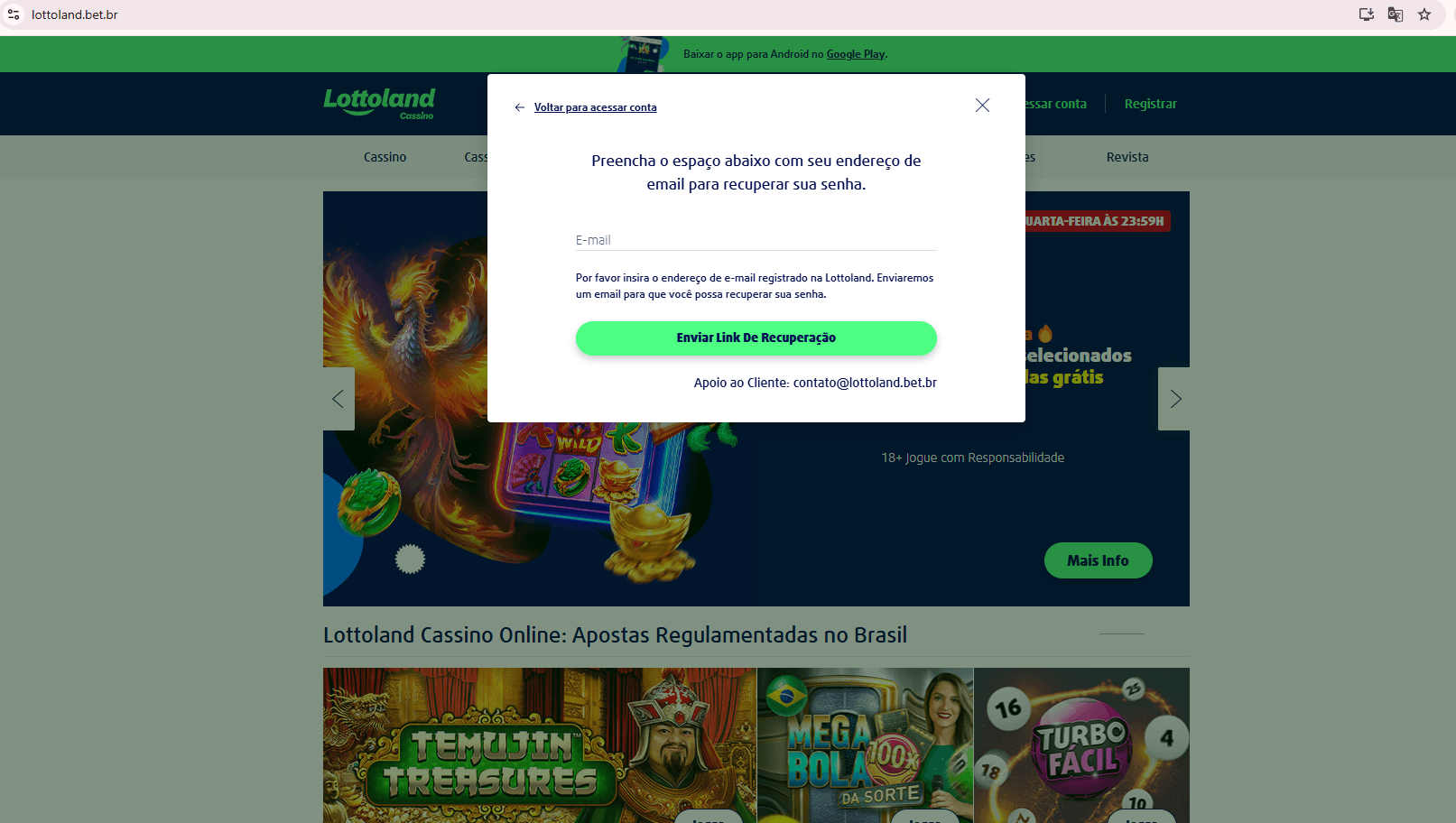 Print de tela da seção onde você inicia o processo de solicitação de recuperação de senha, versão desktop.