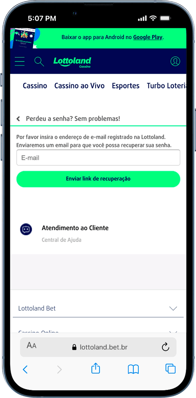Print de tela da seção onde você inicia o processo de solicitação de recuperação de senha, versão mobile.