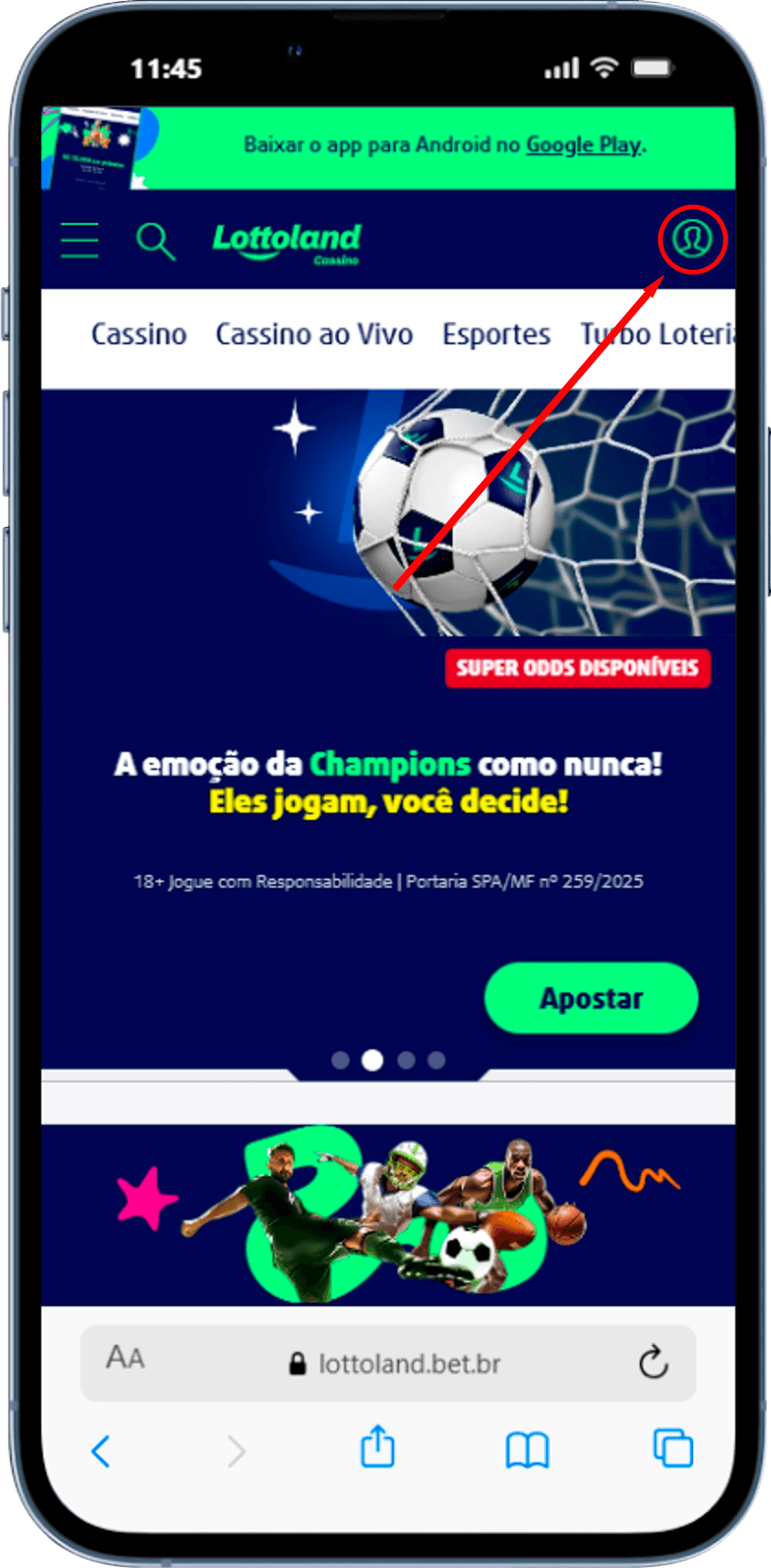 Print de tela da página inicial da Lottoland Cassino versão mobile, com a seção de acesso à conta grifada em vermelho.