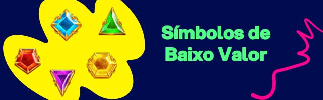 Banner com símbolos de baixo valor em forma de joias geométricas coloridas sobre fundo amarelo, ao lado do texto Símbolos de Baixo Valor em verde.
