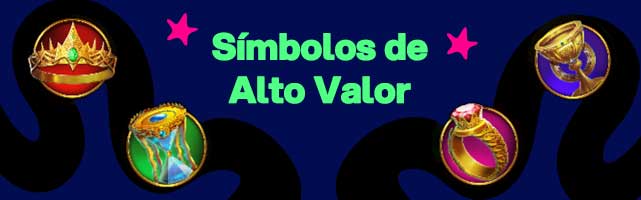 Banner do slot com quatro símbolos de alto valor em itens mágicos dourados ao redor do texto Símbolos de Alto Valor em verde sobre fundo azul escuro.