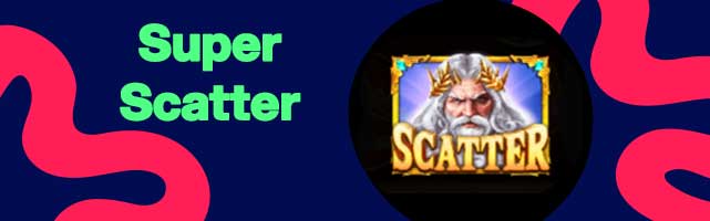 Banner do slot com destaque para o símbolo Super Scatter de Zeus em moldura dourada sobre fundo azul escuro com formas onduladas rosa.