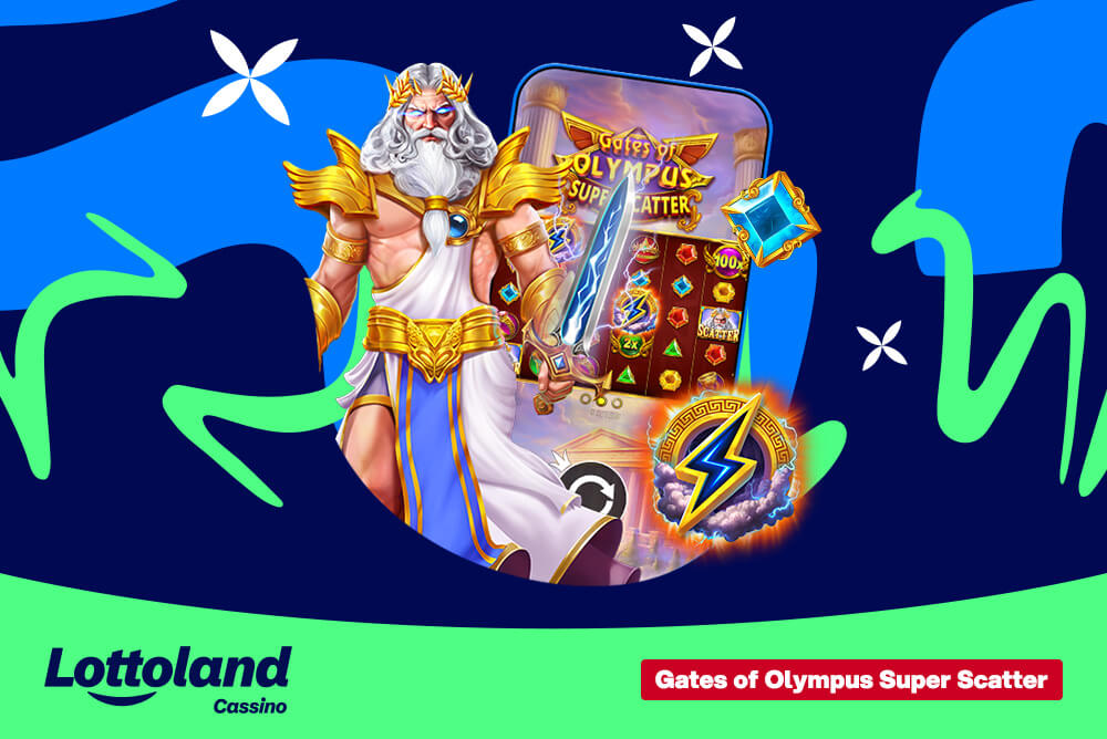 Banner do jogo Gates of Olympus Super Scatter no Lottoland Cassino, com Zeus em destaque, tela do slot colorida e trovão símbolo de bônus.