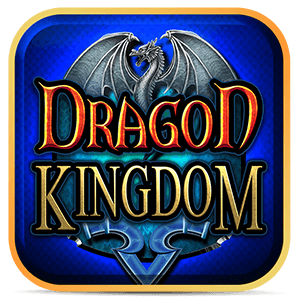 Logo do jogo Dragon Kingdom apresentando dragão cinza com asas abertas e emblema medieval em fundo azul.