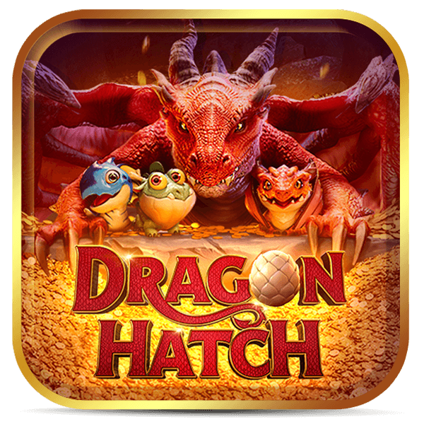 Logo do jogo Dragon Hatch com dragão vermelho gigante e três filhotes fofos sobre pilha de moedas de ouro.